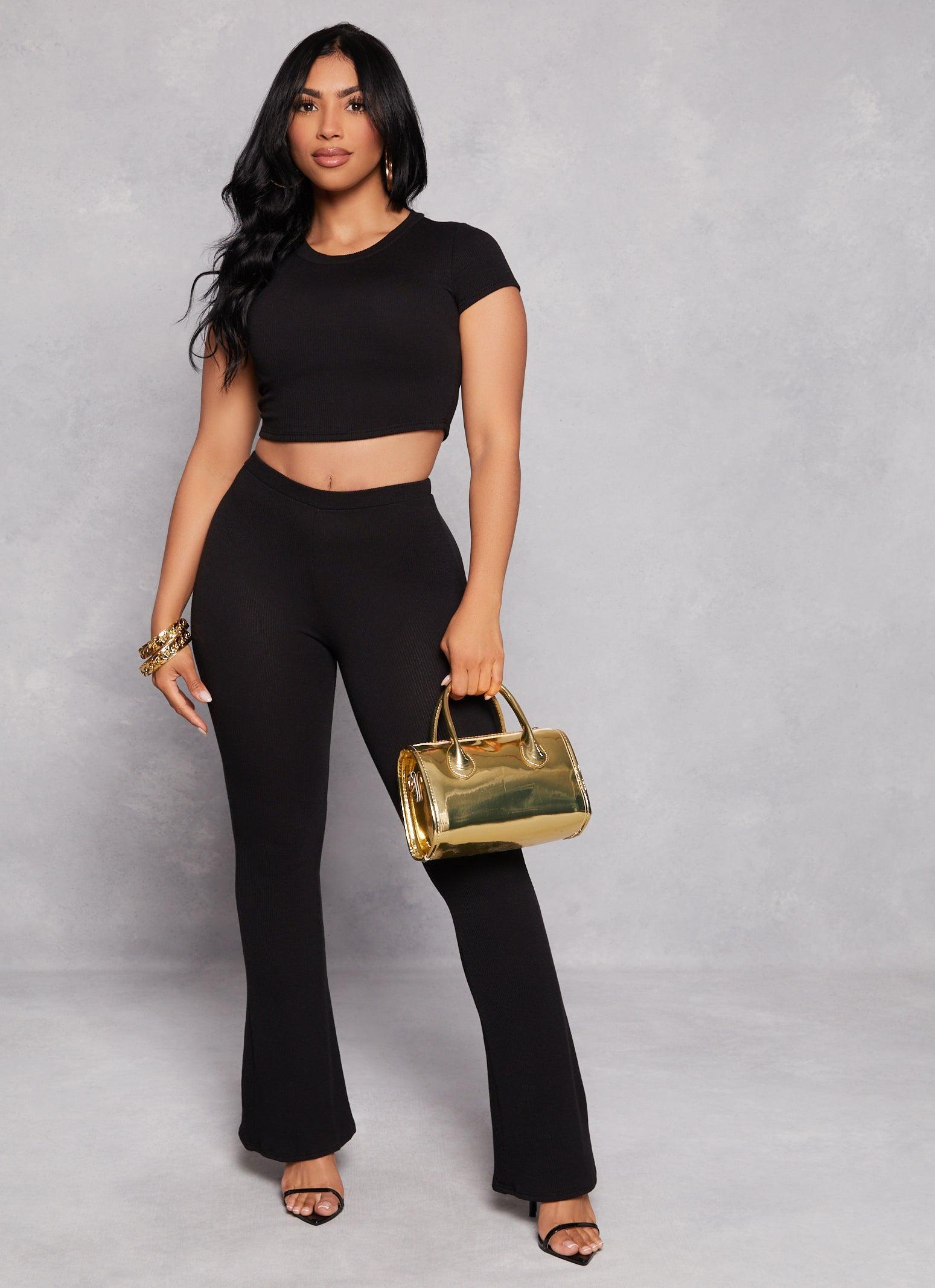 Womens Ribbed High Waist Flare Pants Product Image