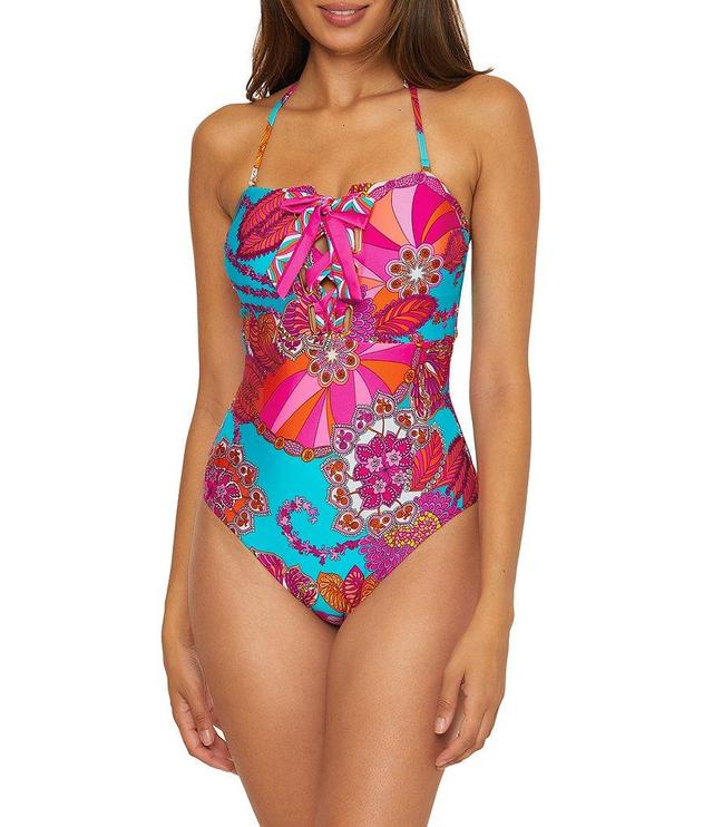 Trina Turk Meilani Floral Sweetheart Neck Lace Up Bandeau One Piece Swimsuit Product Image