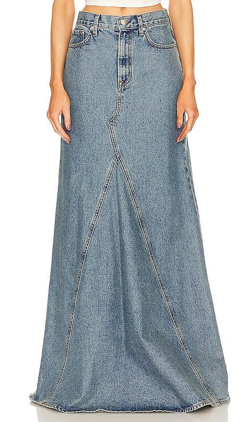 GRLFRND Fiona Godet Maxi Skirt in Blue. Product Image