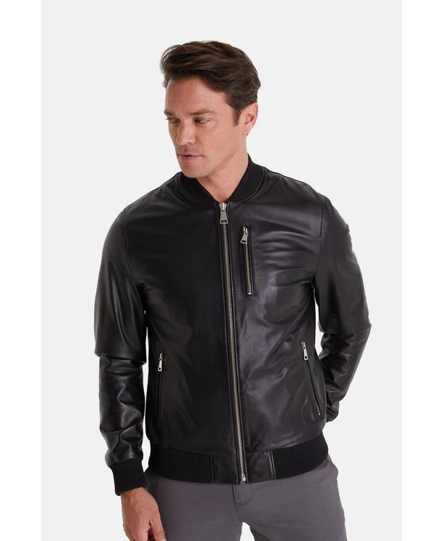 Mens Genuine Leather Bomber Jacket Black Product Image