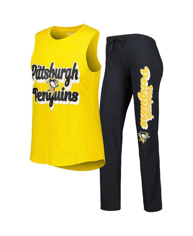 Womens Concepts Sport Gold/Heather Black Pittsburgh Penguins Meter Muscle Tank Top & Pants Sleep Set Product Image