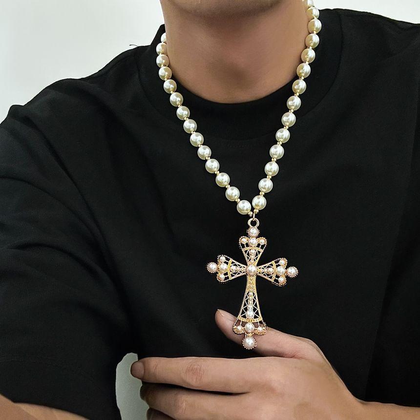 Cross Pendant Faux Pearl Necklace Product Image