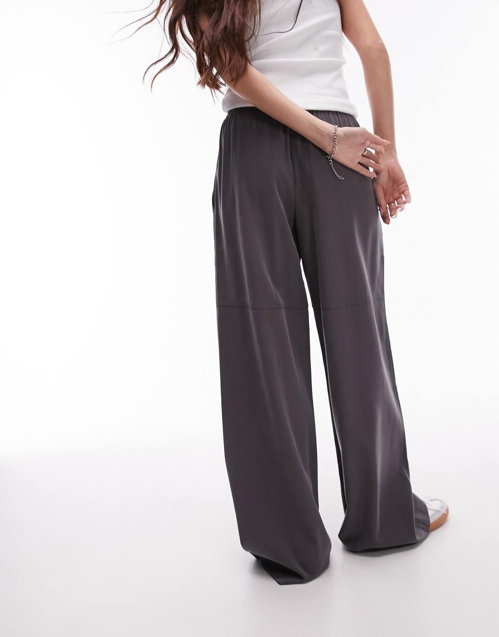 Topshop pull on wide leg pants in charcoal Product Image