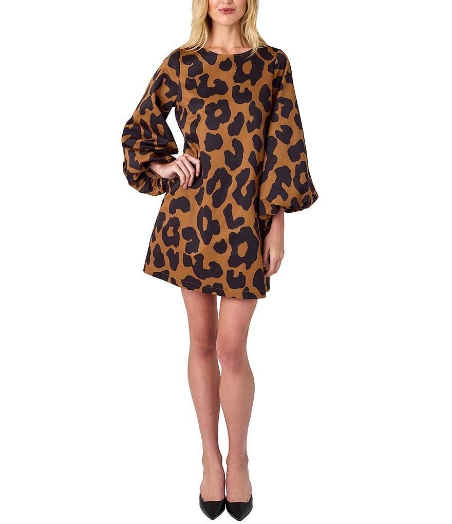 CROSBY by Mollie Burch Cecily Boat Neck Long Puff Sleeve Leopard Mini Shift Dress Product Image