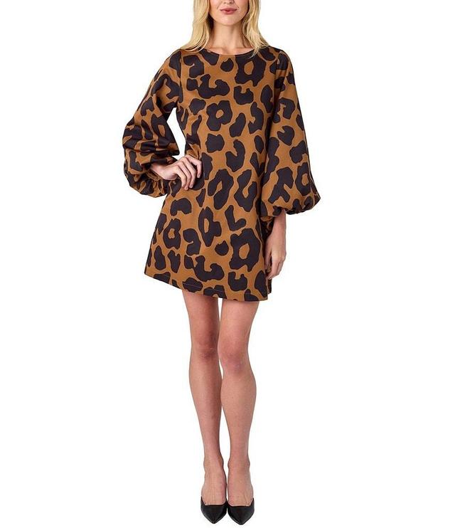 CROSBY by Mollie Burch Cecily Boat Neck Long Puff Sleeve Leopard Mini Shift Dress Product Image