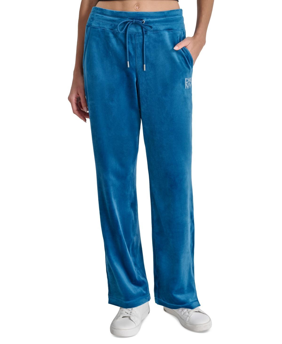 Dkny Womens Velour Rhinestone-Logo Side-Slit Track Pants Product Image