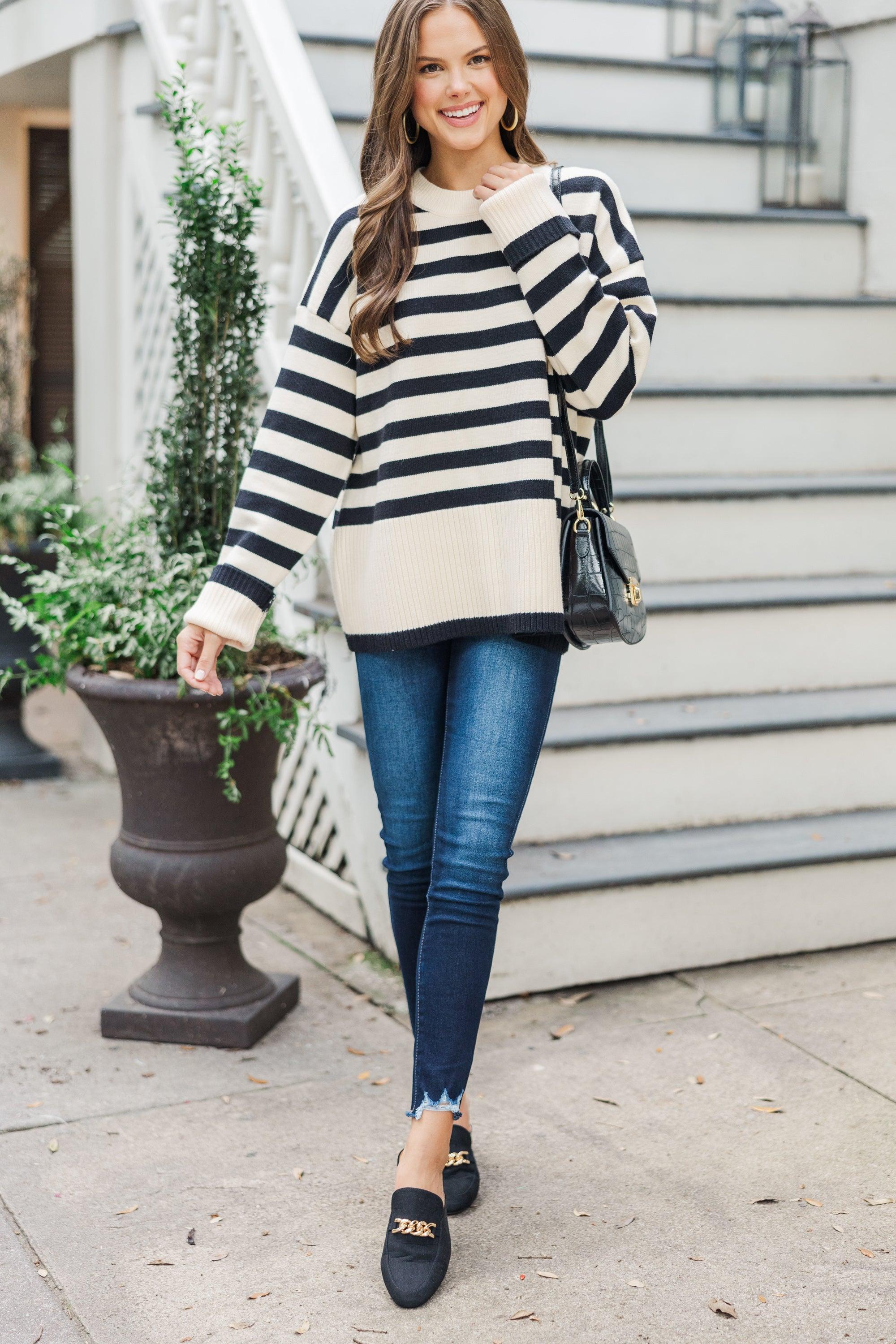 On The Way Up White & Black Striped Sweater Female Product Image