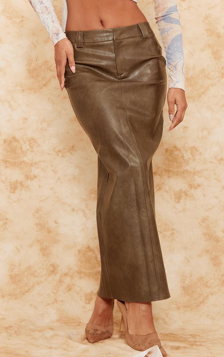 Premium Brown Washed Faux Leather Maxi Skirt Product Image