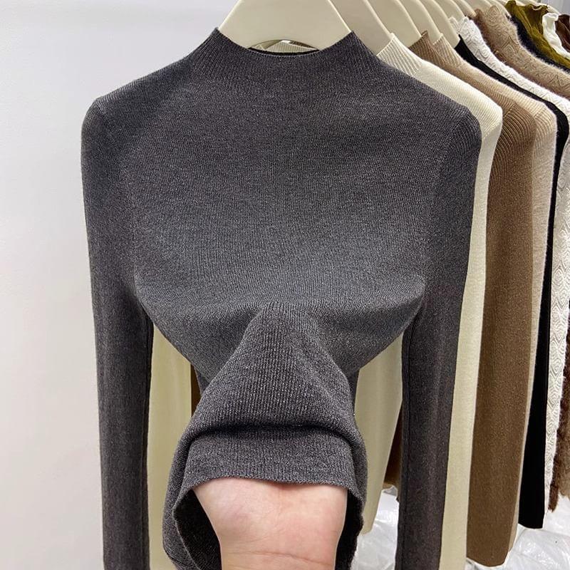 Long-Sleeve Mock Neck Plain Knit Top Product Image