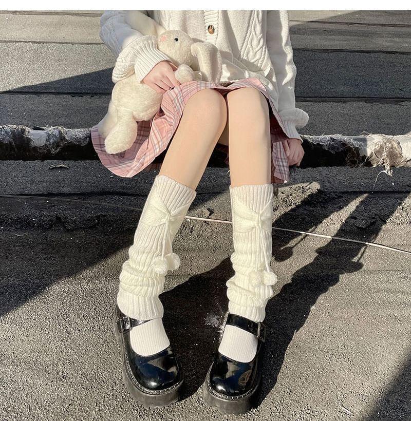 Plain Bow Pom Pom Ribbed Knit Leg Warmers Product Image