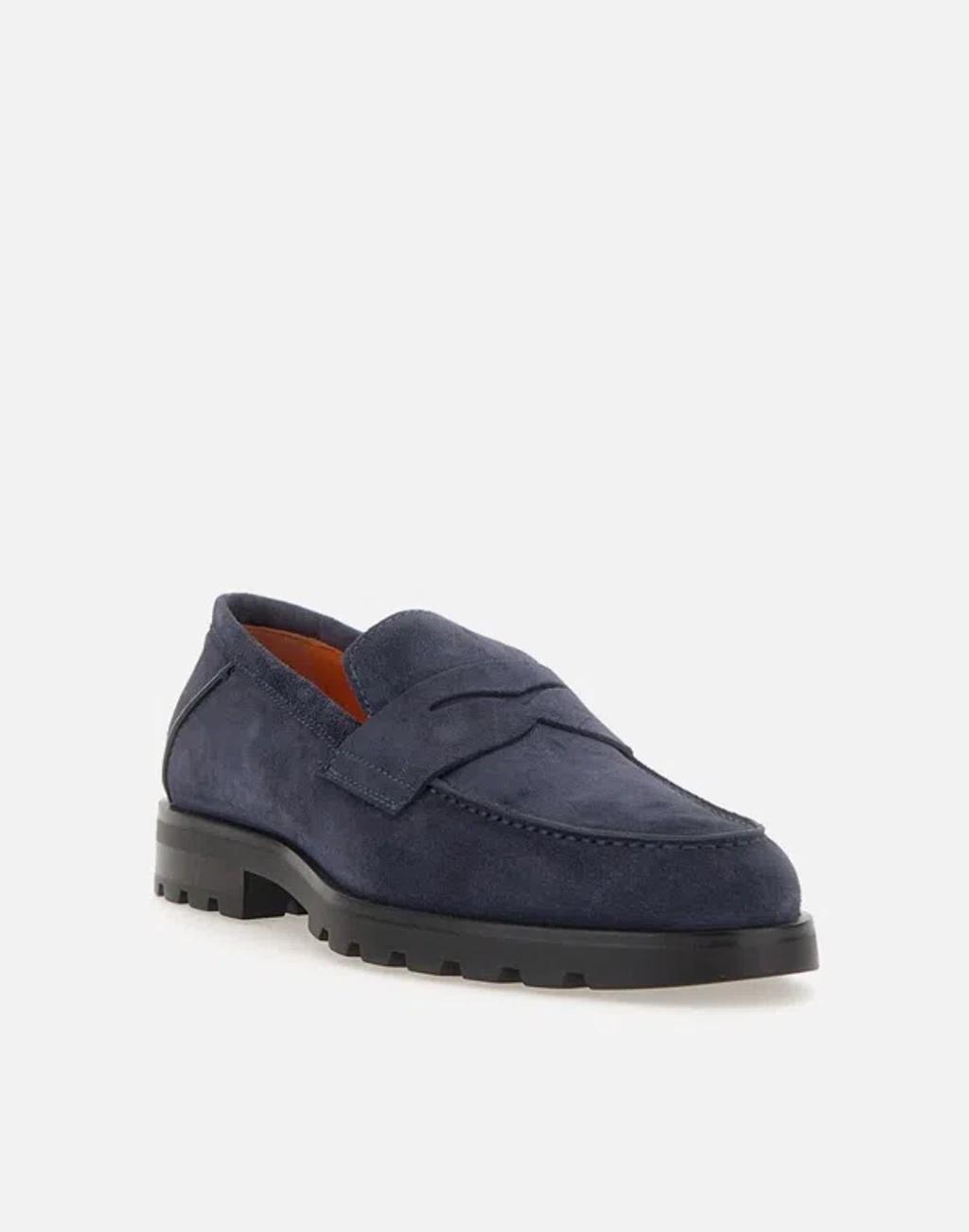 SANTONI Men's Rock Suede Lug Sole Penny Loafers In Navy Product Image