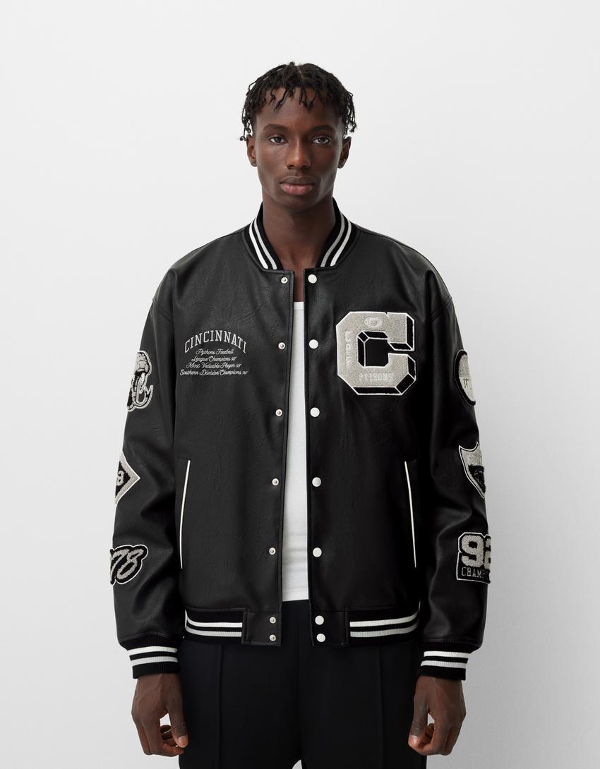 Varsity leather effect bomber jacket Product Image