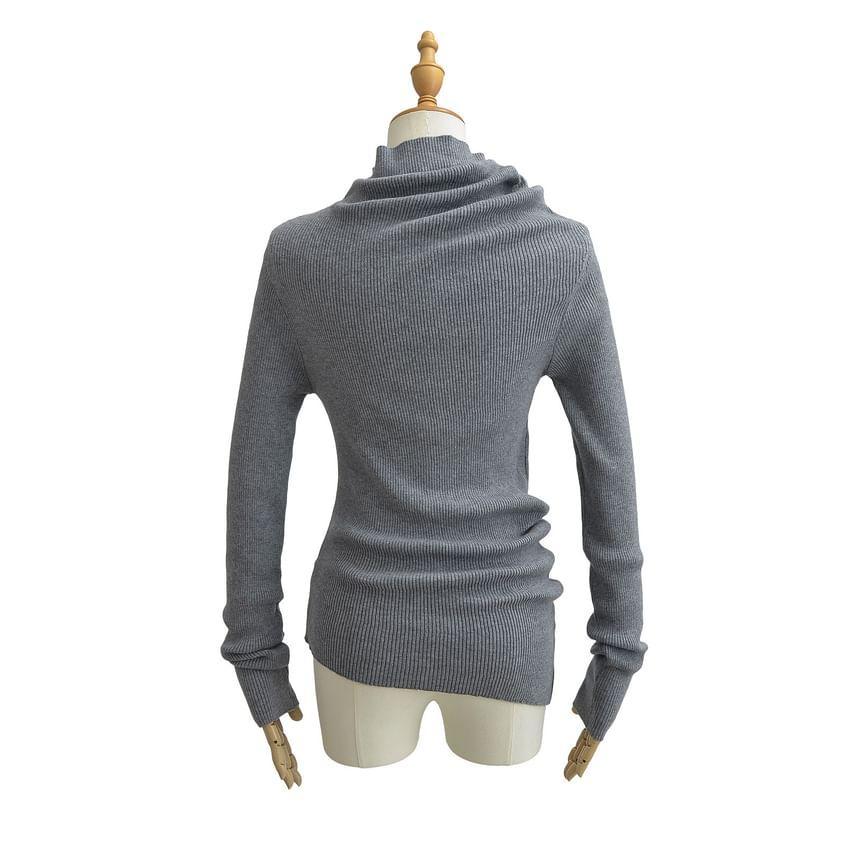 Long-Sleeve High Neck Asymmetrical Ribbed Knit Top Product Image