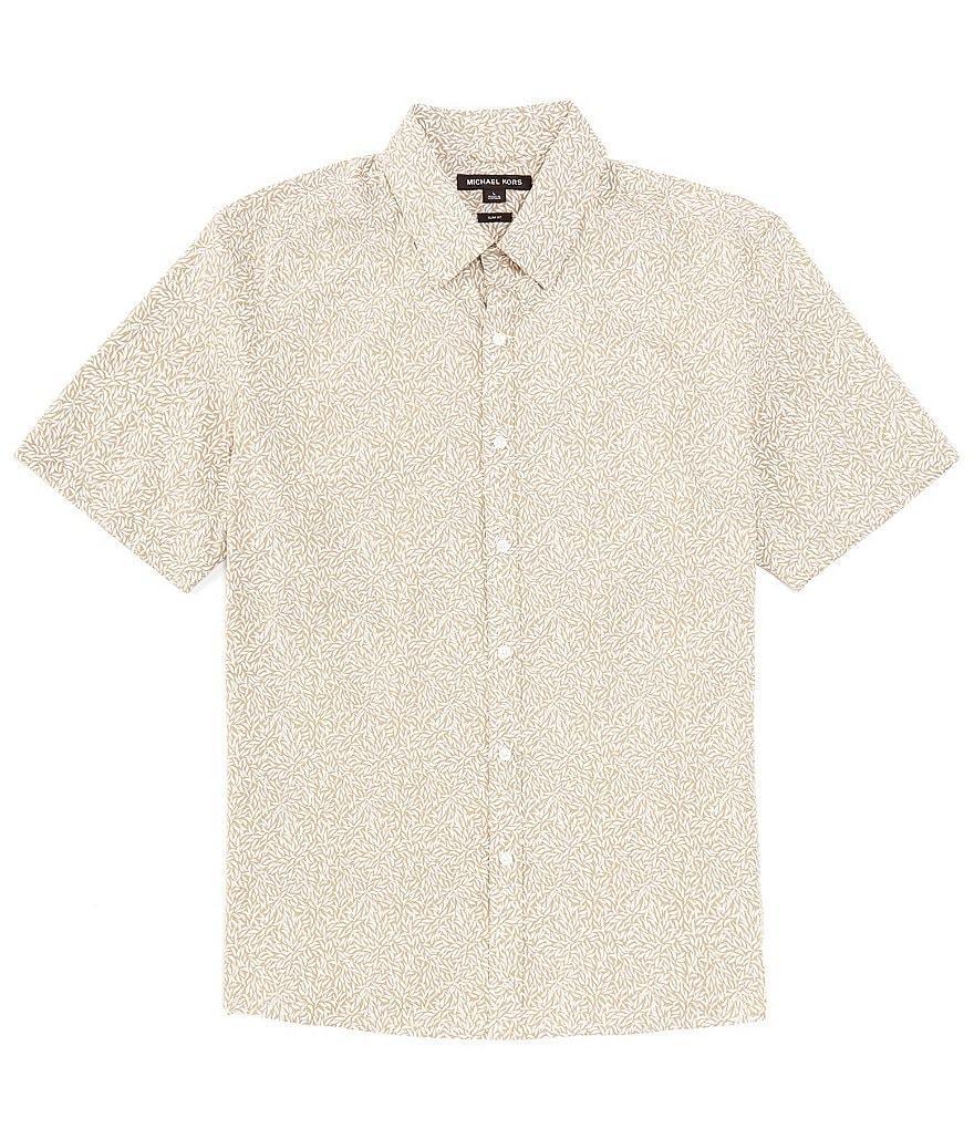 Michael Kors Slim-Fit Stretch Leaf Print Short Sleeve Woven Shirt Product Image