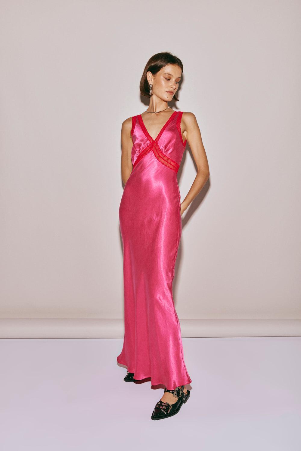 Meet Me On The Dance Floor Bias Cut Maxi Dress Fuchsia Product Image