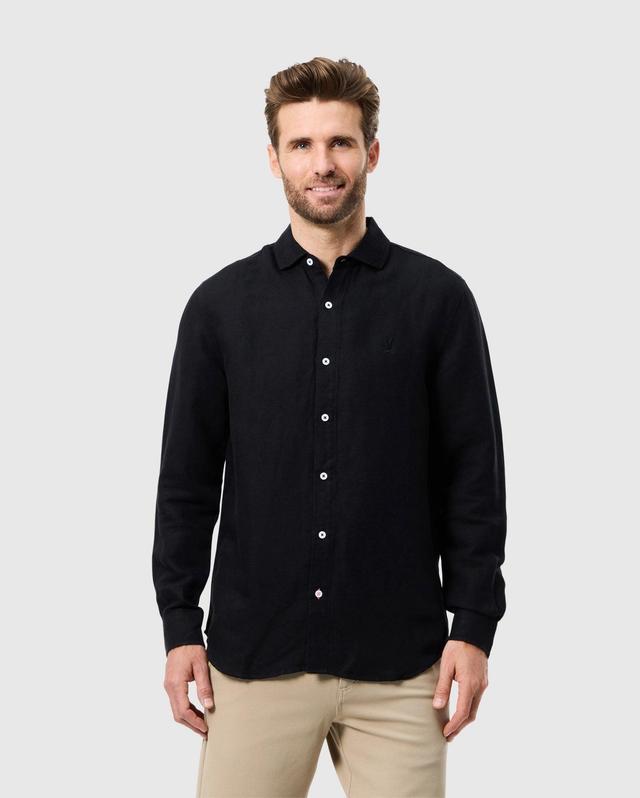 Psycho Bunny Men's Cameron Linen Long Sleeve Shirt 001 BLACK Product Image