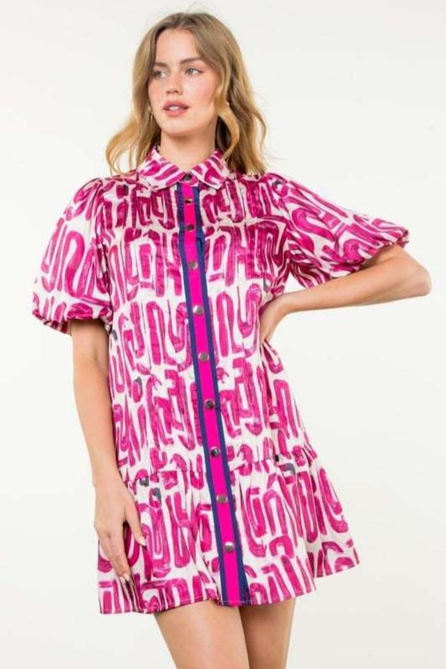 Fuchsia and Cream Puff Sleeve Dress Product Image