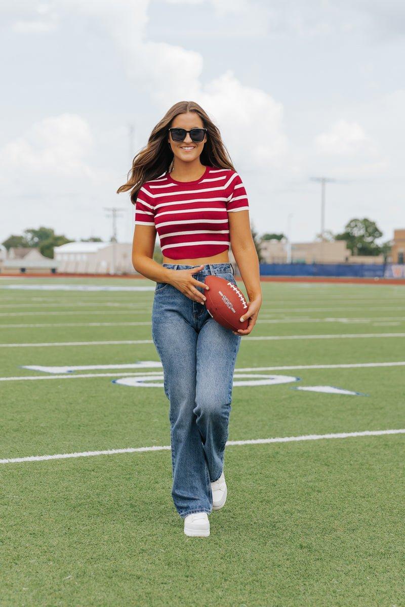 Burgundy and White Striped Cropped Sweater - FINAL SALE Product Image