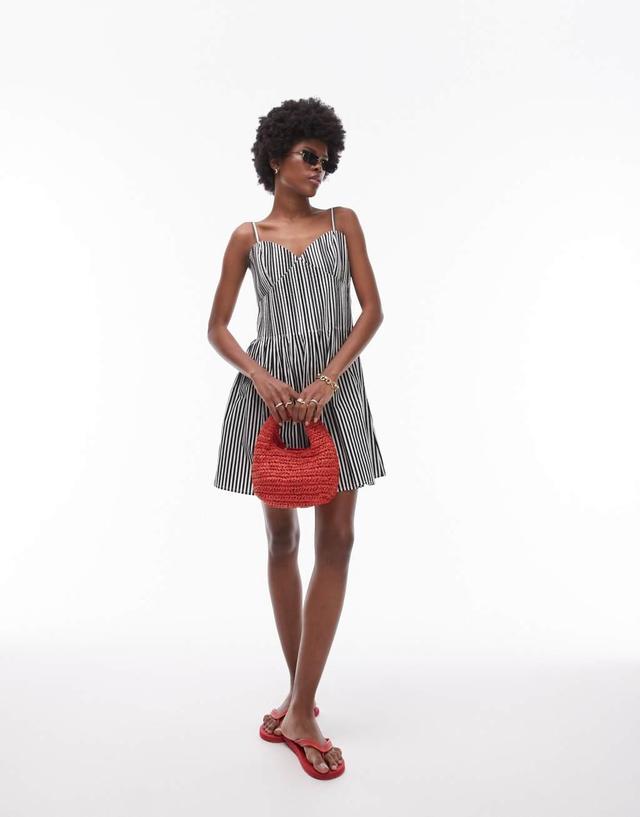 Topshop strappy pleated mini sundress in black and white stripe Product Image