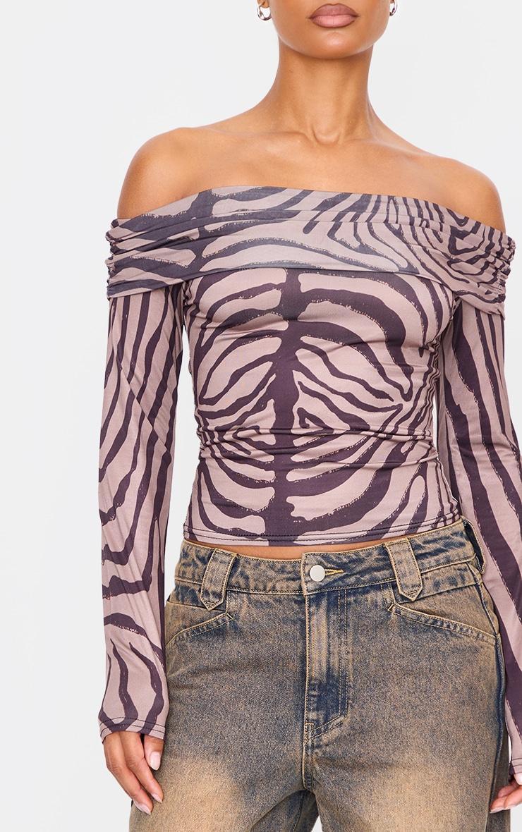 Brown Zebra Print Slinky Bardot Long Sleeve Long Top Product Image