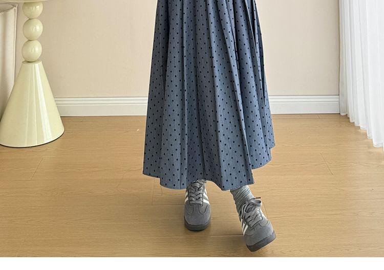 Maternity Round Neck Bow Sequin Pullover / High Waist Dotted Pleated Midi A-Line Skirt Product Image