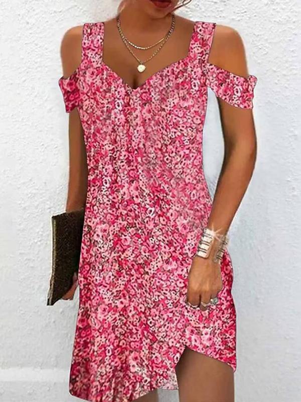 A-Line High Waisted Flower Print Hollow Cold Shoulder Mini Dresses product image