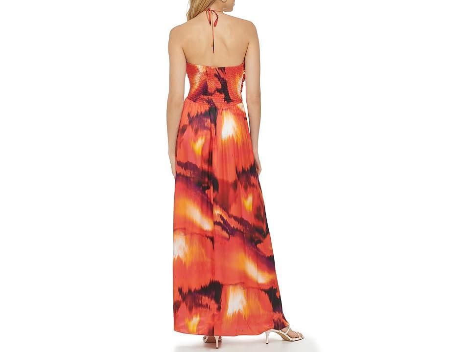 DKNY Printed Satin Ruche Front Halter Maxi Dress Persimmon) Women's Clothing Product Image