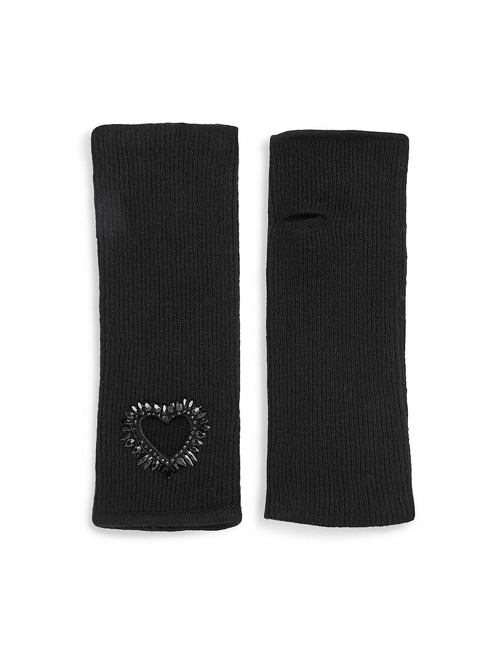 Womens Cashmere Crystal Heart Fingerless Gloves Product Image