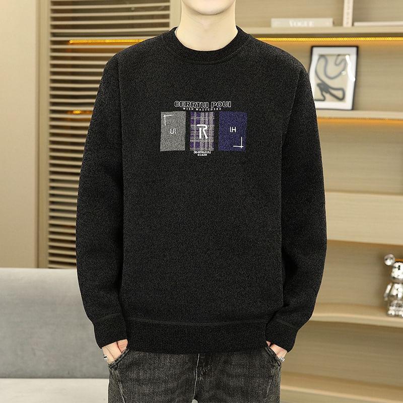 Long-Sleeve Crew Neck Lettering Sweater Product Image