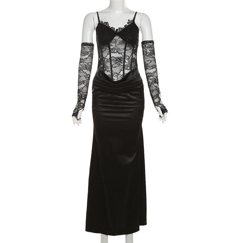 Spaghetti Strap V-Neck Mesh Maxi Sheath Dress Product Image