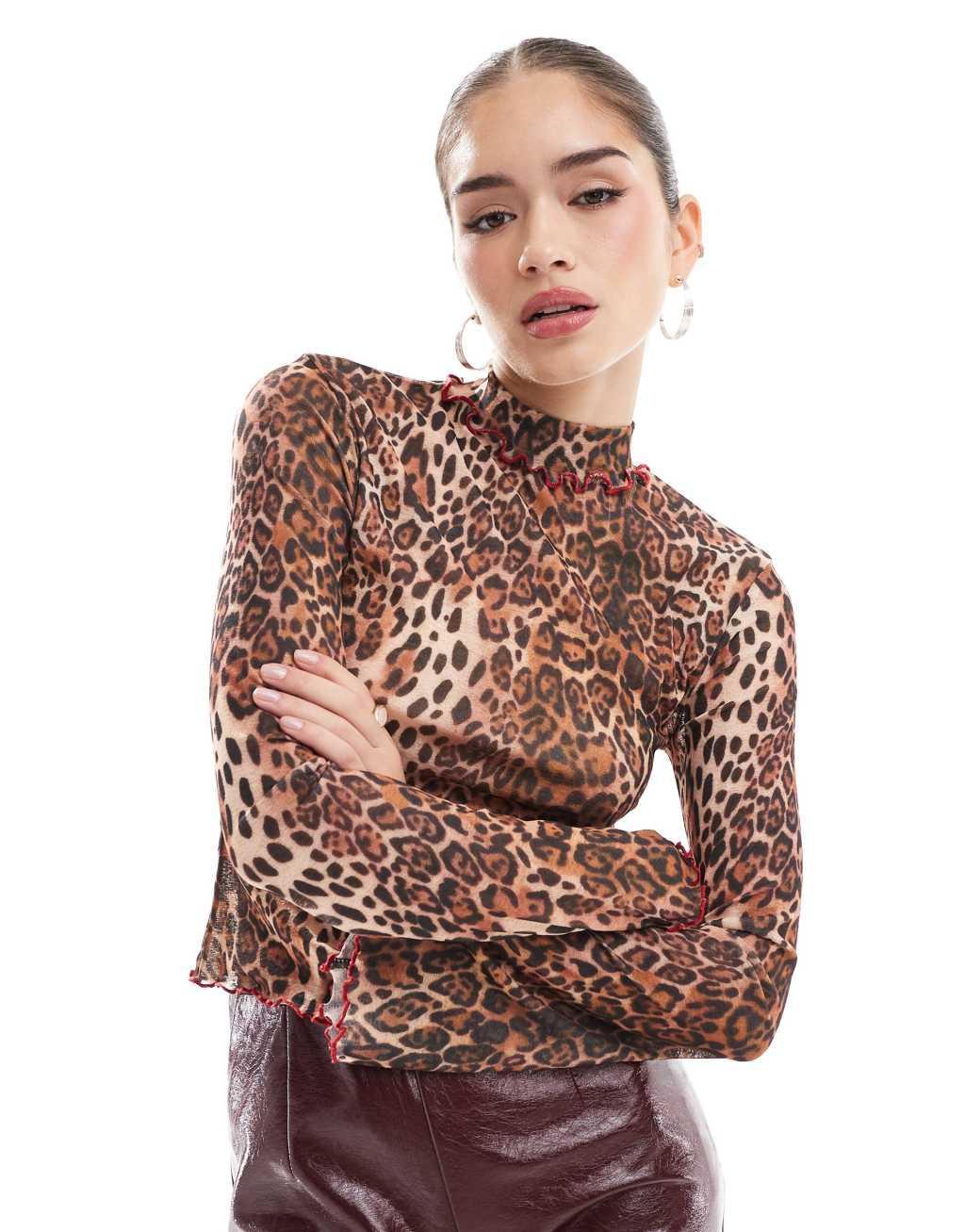 ASOS DESIGN roll neck leopard print top with contrast babylock in brown Product Image