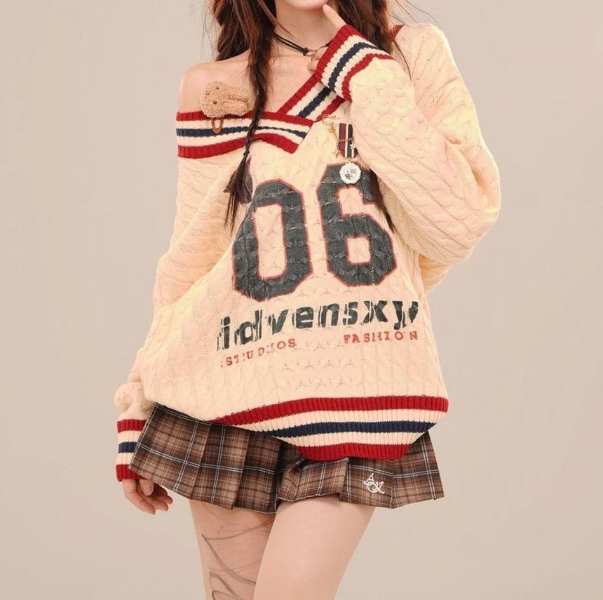 V-Neck Lettering Number Print Cable-Knit Oversized Sweater / Plain Shirt Product Image