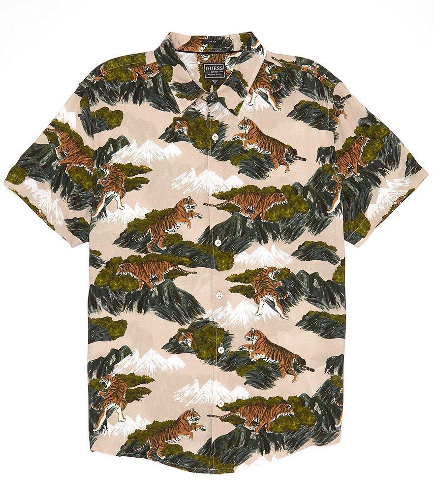 Guess Short Sleeve Mountain Tiger Printed Woven Shirt Product Image