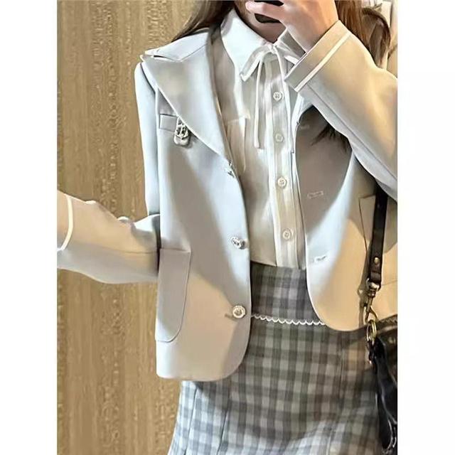 Lapel Collared Plain Single Breasted Crop Blazer / Collared Plain Shirt / High Waist Plaid Mini Pencil Skirt / Set Product Image