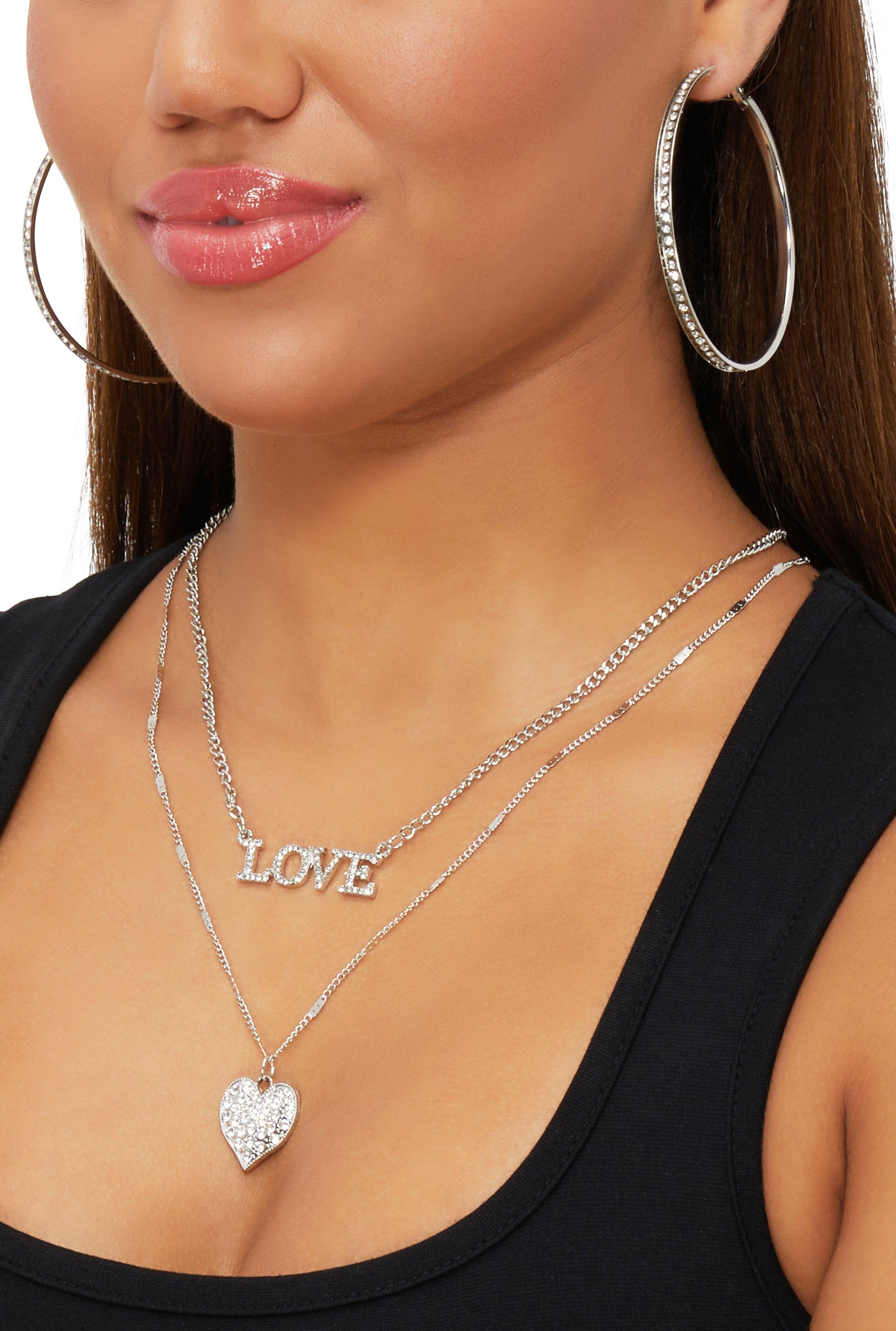 Love Heart Rhinestone Charm Necklace with Hoop Earring Trio Female Product Image