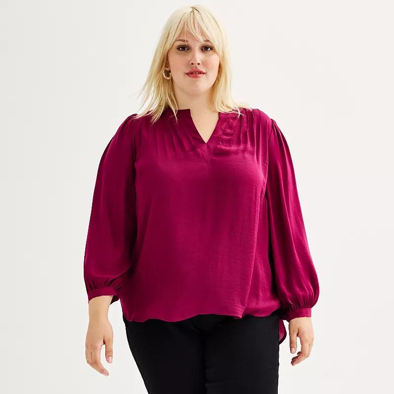 Plus Size Nine West Y-Neck Pintuck Satin Blouse, Womens Product Image