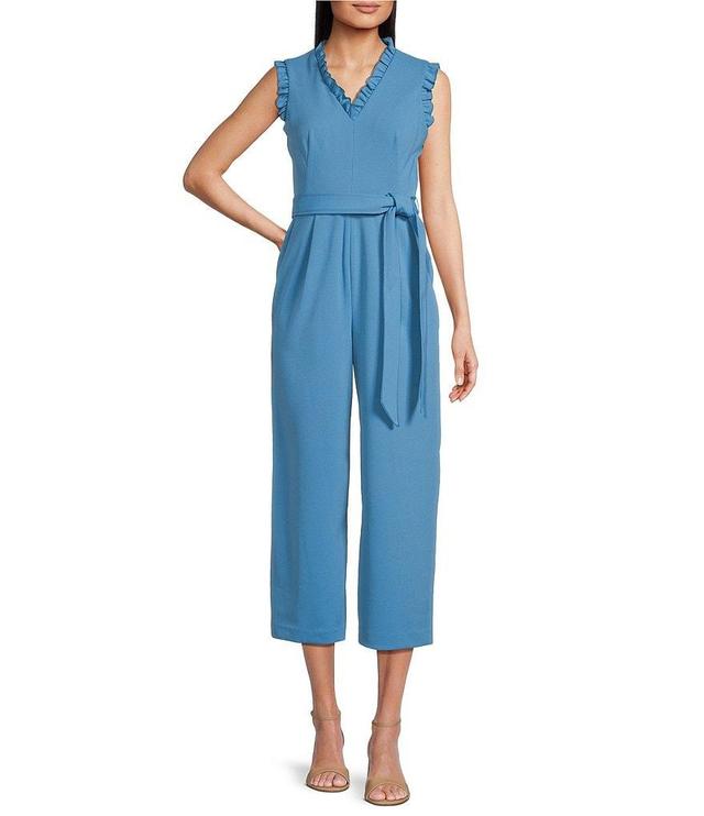 Calvin Klein Sleeveless V-Neck Tie Waist Wide Leg Scuba Crepe Jumpsuit Product Image