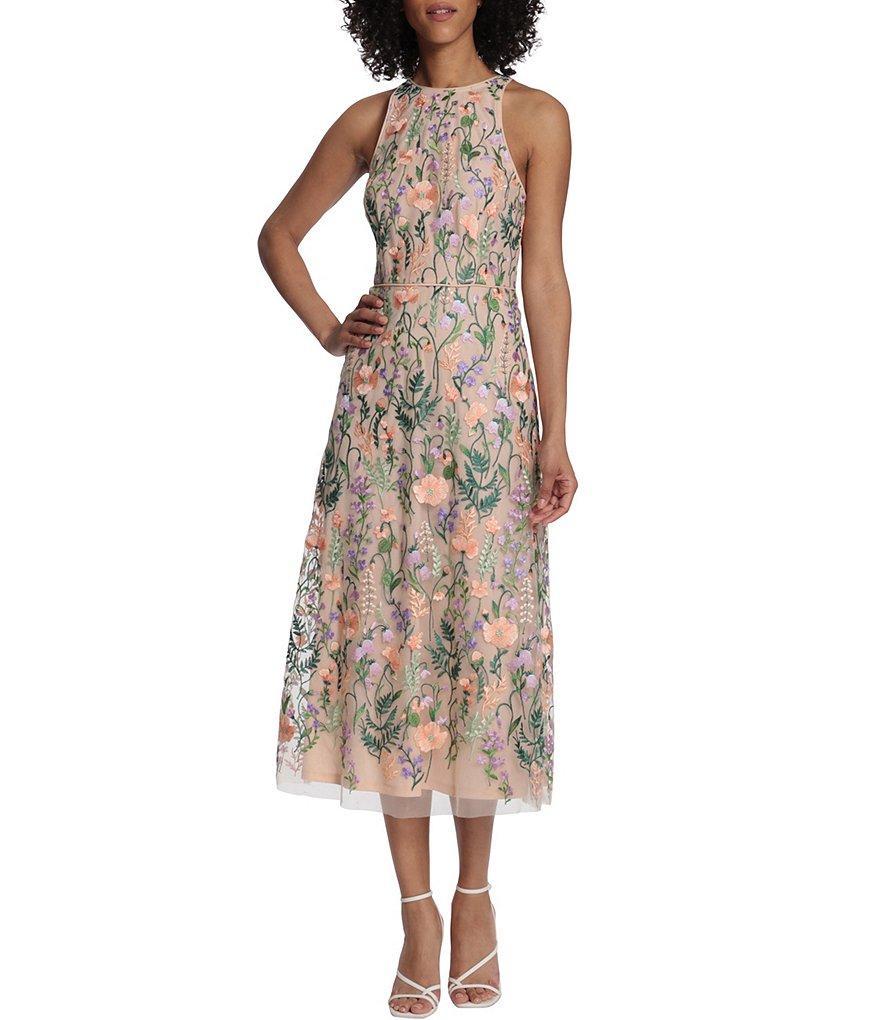 Maggy London Floral Embroidery Halter Neck Sleeveless Plunge Back Detail Midi Dress Product Image