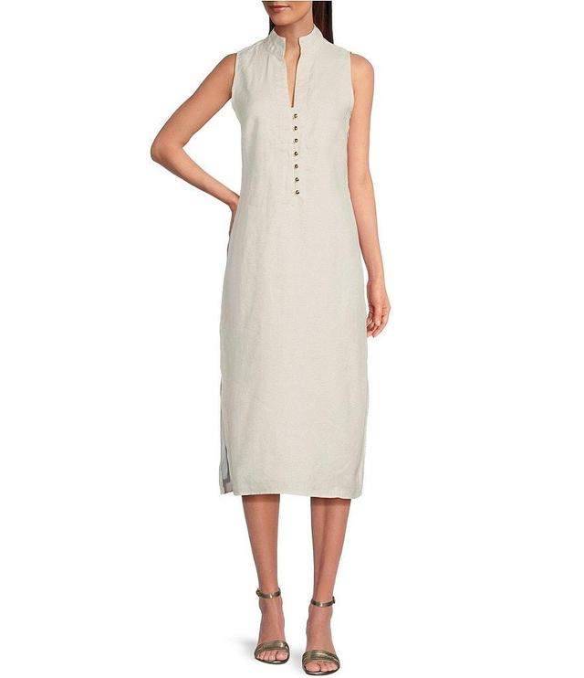 SAIL to SABLE Metallic Linen Stand Collar Sleeveless Side Slit Midi Shirt Dress Product Image