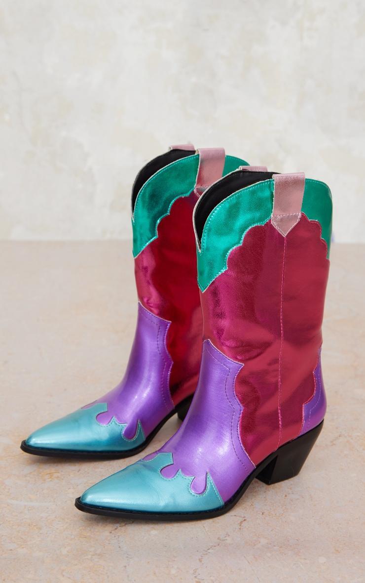 Multi Faux Leather Bright Metallic Block Heeled Western Calf Boots Product Image