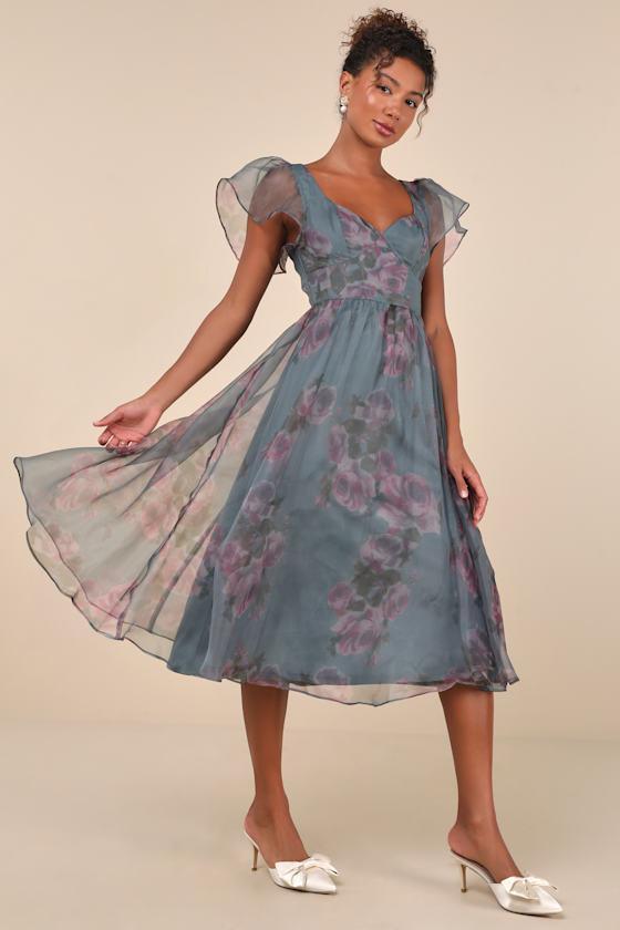 Mesmerizing Mood Slate Floral Organza Ruffled A-Line Midi Dress Product Image