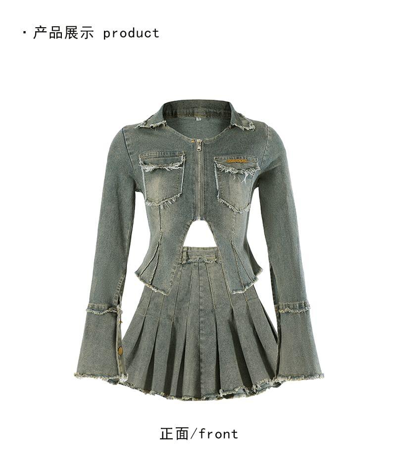 Long-Sleeve Zip-Up Denim Top / Mini Pleated Skirt / Set Product Image