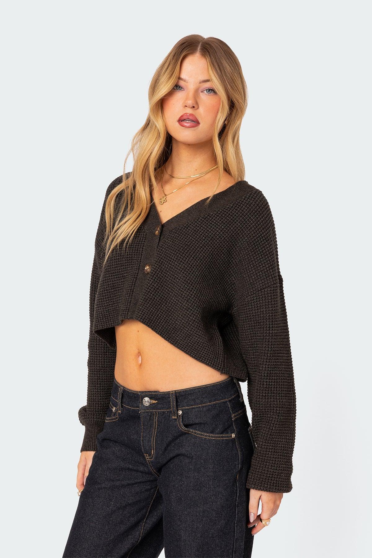 Oversized Waffle Knit Cropped Cardigan Product Image