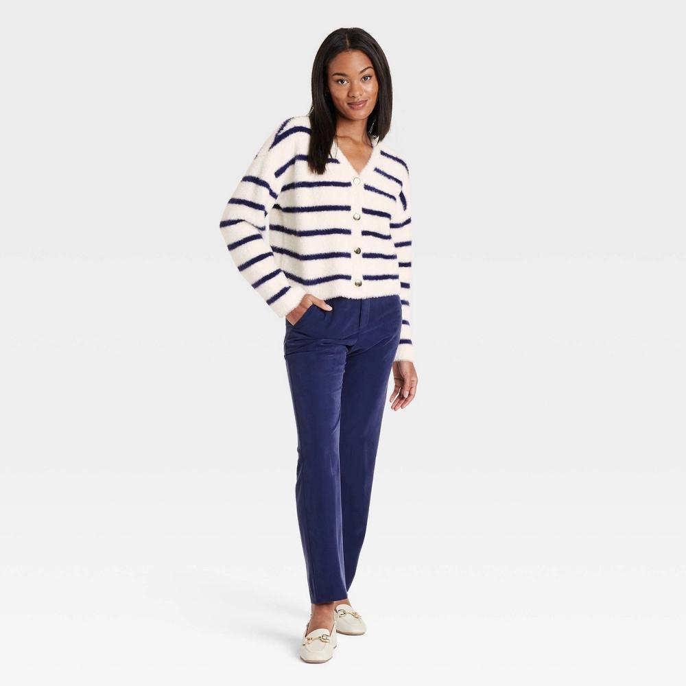 Women's Fuzzy Party Cardigan - A New Day™ Cream/Navy Striped XS Product Image