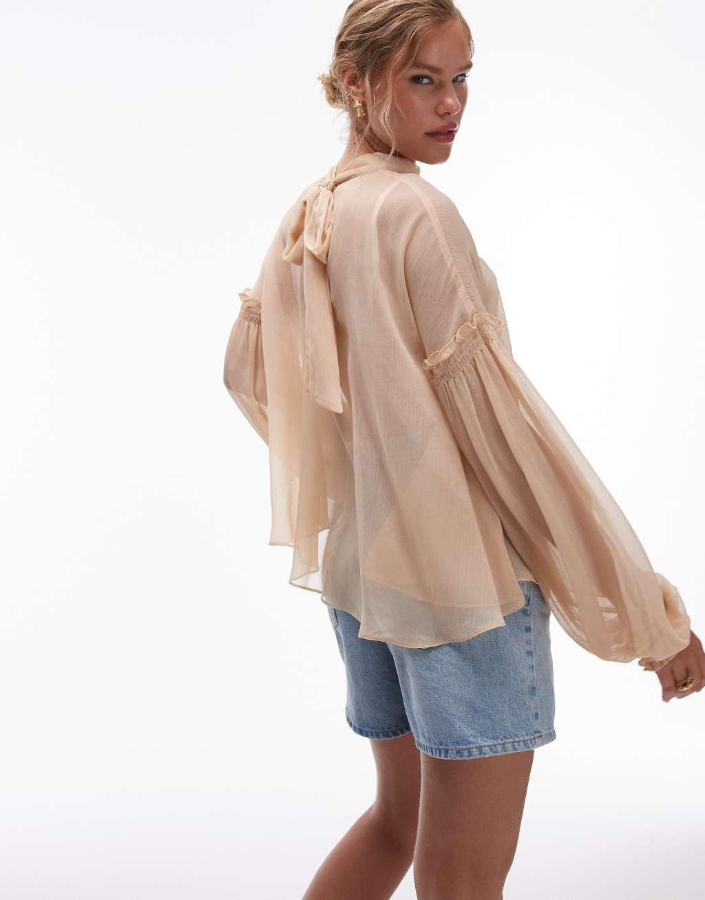 Topshop sheer bow neck top in blush Product Image