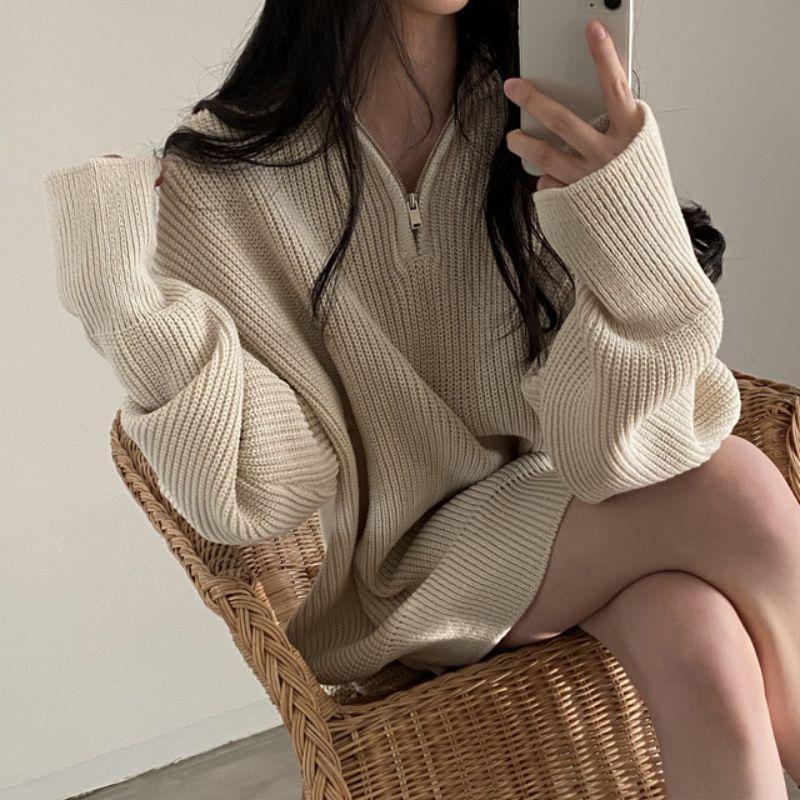 Half-Zip Plain Ribbed Oversized Sweater Product Image