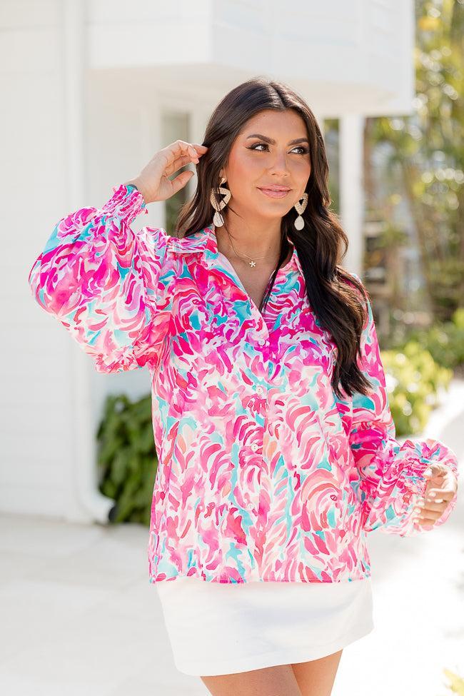 I've Been Waiting Blue and Pink Printed Satin Button Front Blouse Product Image