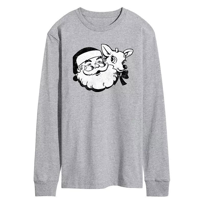 Mens Santa and Reindeer Long Sleeve Graphic Tee Grey Gray Product Image