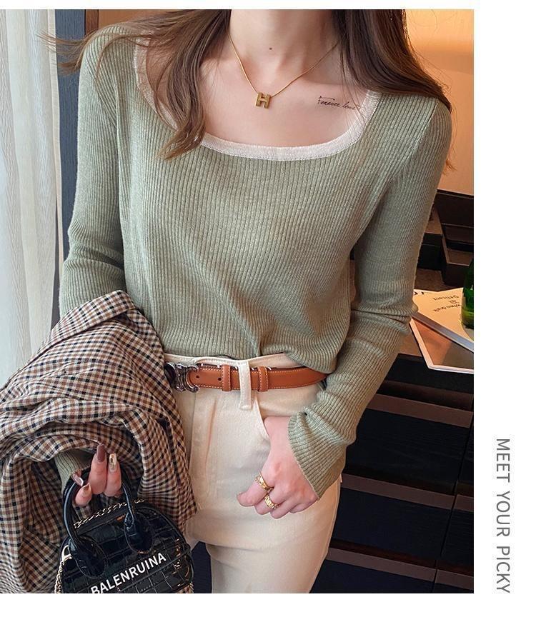 Long-Sleeve Square Neck Contrast Trim Ribbed Knit Top Product Image