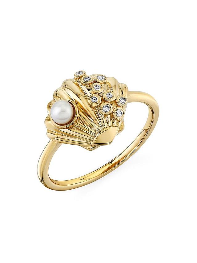 Womens Under The Sea Clam Shell 14K Yellow Gold, Freshwater Pearl & 0.05 TCW Diamond Ring Product Image